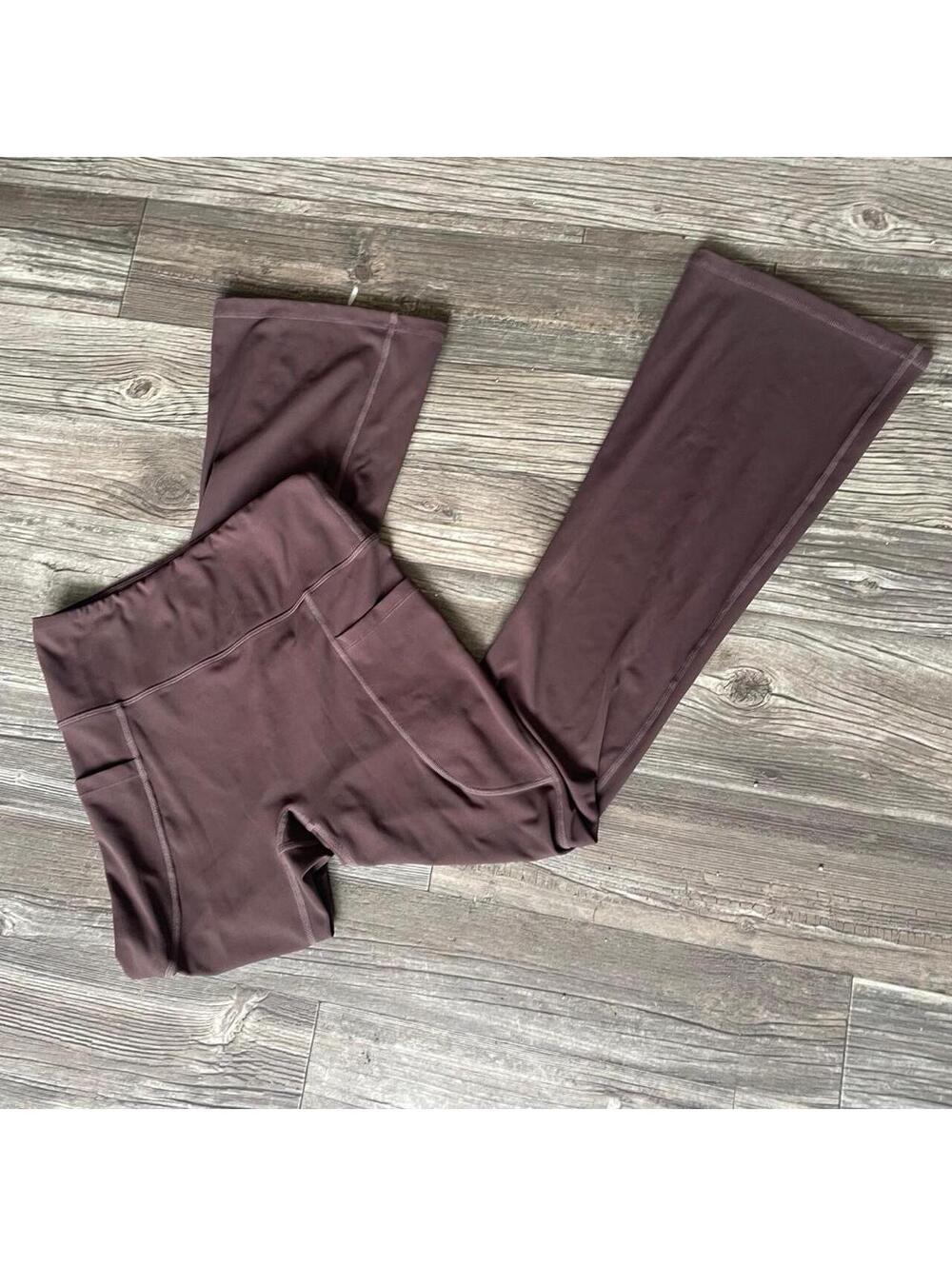 Brown Flare Leg Yoga Pants with Pockets, Size XS, 80% Polyester 20